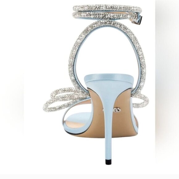 NIB MACH & MACH | Double Bow Round Toe Satin Sandals Heels Pumps Blue Sz 10B 40 - Picture 2 of 12